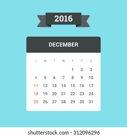 December Calendar 2016. Vector flat design template, ready to print