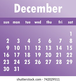 December calendar 2018.  Week starts on Sunday. Business vector illustration  template for one month 2018 years.