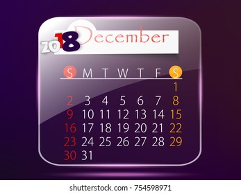 December: Calendar for 2018 year, editable template poster and calendar design, vector illustration...
