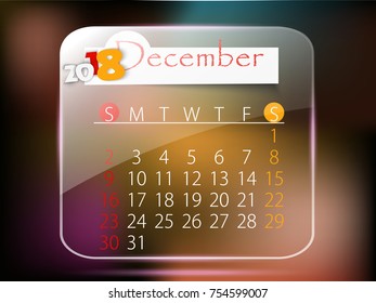 December: Calendar for 2018 year, editable template poster and calendar design, vector illustration...