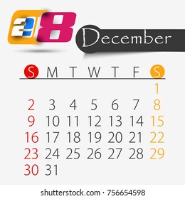 December: Calendar for 2018 year, editable template poster and calendar design, vector illustration...
