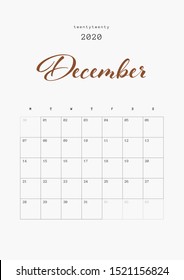 DECEMBER - Calendar 2020 Design, Diary Planner 2020 Year. Vector Set 13 Pages. Printable Vector Template.