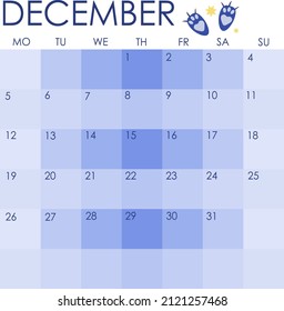 December calendar 2022. Calendar template for 2022 blue tiger. Fun blue tiger on calendar 
