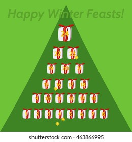December calendar for advent and Christmas. Small gifts, with red ribbon, numbered days 1 to 24, arranged in pyramid.On green background outlined tree silhouette. Inscription Happy winter feasts.