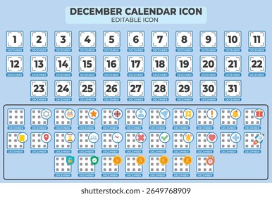 December calendar dates and events icon sets for festive scheduling and organization