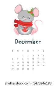 December calendar flat vector illustration. Children planner for 2020 year. Basic grid colorful design with mascot. Organizer template with text and numbers on white background. Cute mouse in scarf