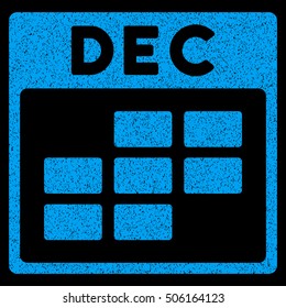 December Calendar Grid grainy textured icon for overlay watermark stamps. Flat symbol with dust texture. Dotted vector blue ink rubber seal stamp with grunge design on a black background.