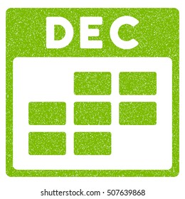 December Calendar Grid grainy textured icon for overlay watermark stamps. Flat symbol with dirty texture. Dotted vector eco green ink rubber seal stamp with grunge design on a white background.