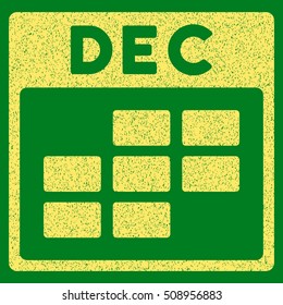 December Calendar Grid grainy textured icon for overlay watermark stamps. Flat symbol with unclean texture. Dotted vector yellow ink rubber seal stamp with grunge design on a green background.