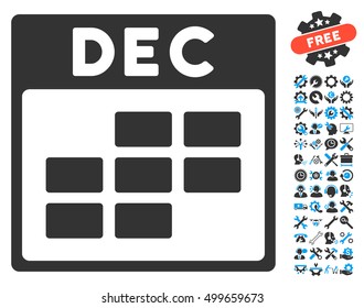 December Calendar Grid icon with bonus settings pictograph collection. Vector illustration style is flat iconic symbols, blue and gray, white background.