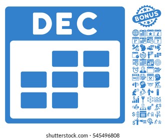 December Calendar Grid icon with bonus calendar and time management pictograph collection. Vector illustration style is flat iconic symbols, cobalt, white background.