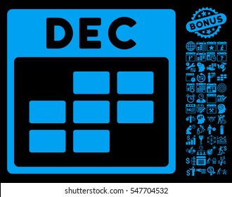 December Calendar Grid icon with bonus calendar and time management icon set. Vector illustration style is flat iconic symbols, blue, black background.