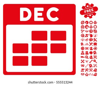 December Calendar Grid icon with bonus tools pictograms. Vector illustration style is flat iconic symbols, red, white background.