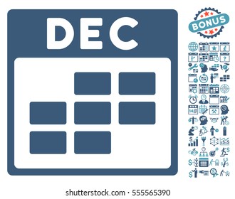 December Calendar Grid icon with bonus calendar and time management pictograph collection. Vector illustration style is flat iconic symbols, cyan and blue, white background.