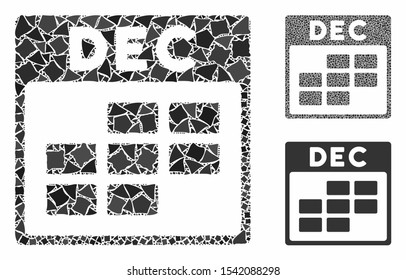 December calendar grid mosaic of abrupt parts in various sizes and color tones, based on December calendar grid icon. Vector tremulant parts are grouped into mosaic.