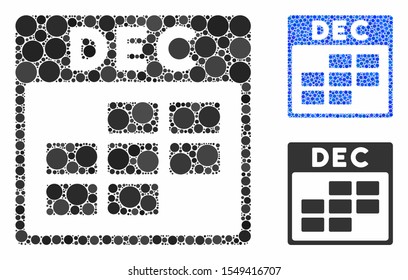 December calendar grid mosaic of spheric dots in different sizes and color tinges, based on December calendar grid icon. Vector round dots are composed into blue mosaic.