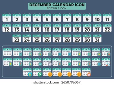 December calendar icon collection presenting a full month's days in editable vector format