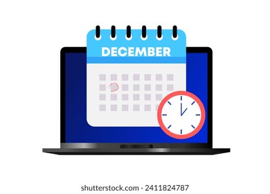 December calendar icon. Flat, blue, calendar on laptop screen, December calendar. Vector icon