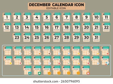 Conjunto de ícones de calendário de dezembro, design vetorial editável com cronograma de mês completo e lembrete