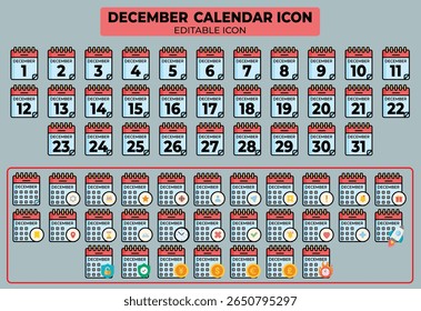 Conjunto de iconos de calendario de diciembre con fechas variadas con símbolos adicionales que indican tareas o