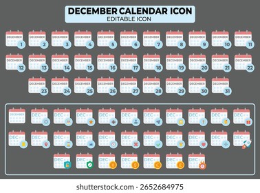 Conjunto de iconos de calendario de diciembre que presenta un diseño plano y Elementos editables para la programación