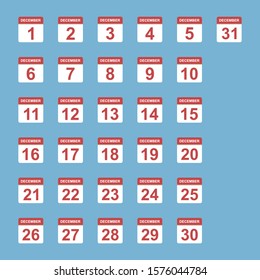 December calendar icons collection 1, 2, 3, 4, 5, 6, 7, 8, 9, 10, 11, 12, 13, 14, 15, 16, 17, 18, 19, 20, 21, 22, 23, 24, 25, 26, 27, 28, 29, 30, 31