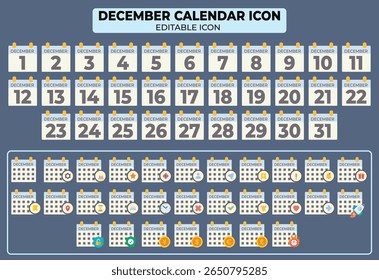 Conjunto de iconos de calendario de diciembre que muestra el diseño de recordatorios de fecha editables de mes completo