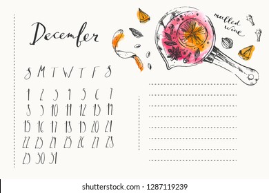 December calendar with ink calligraphy elements and mulled wine recipe ingredients illustration. Background design with space for notes. Planner and culinary book page.