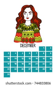 December. Calendar. Month. Beautiful girl. Isolated vector objects on white background.