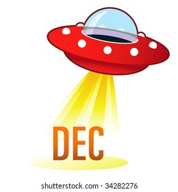 December calendar month icon on retro flying saucer UFO with light beam.  Suitable for use on the web, in print, and on promotional materials.