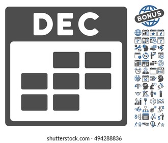December Calendar Page icon with bonus calendar and time management clip art. Vector illustration style is flat iconic bicolor symbols, cobalt and gray colors, white background.