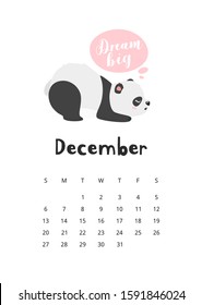December calendar with panda template. Dreamy asian bear cartoon character. Cute oriental mascot. Sleepy chinese wildlife. Childish planner page design with adorable sleeping animal 