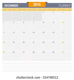 December Calendar Planner 2016 Vector Design Template. Week Starts Sunday. vector illustration