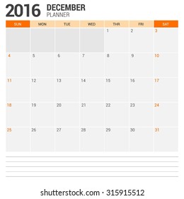 December Calendar Planner 2016 Vector Design Template. Week Starts Sunday. vector illustration