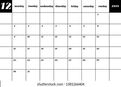 December. Calendar planner 2019. Vector 