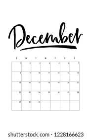 December. Calendar planner 2019, week starts on Sunday. Part of sets of 12 months. Wall desk calendar vector template print A4 size, simple black and white minimal design ink hand drawn lettering