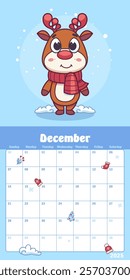 December calendar planner featuring a cute deer fawn in a red scarf and a set of toy reindeer antlers, surrounded by snowflakes in a festive winter theme. Vector illustration.