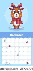 December calendar planner featuring a cute smiling deer fawn in a red scarf and a set of toy reindeer antlers, surrounded by snowflakes in a festive winter theme. Vector illustration.