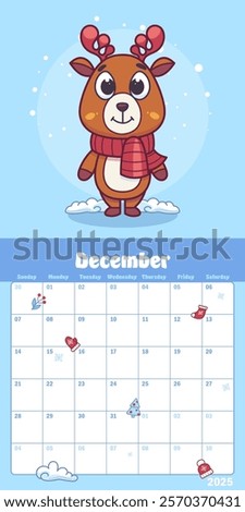 December calendar planner featuring a cute smiling deer fawn in a red scarf and a set of toy reindeer antlers, surrounded by snowflakes in a festive winter theme. Vector illustration.