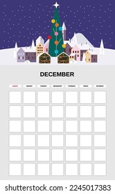 December Calendar Planner month. Minimalistic Christmas city landscape natural backgrounds Winter. Monthly template for diary business. Vector isolated