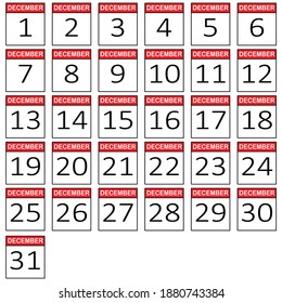 Calendario de diciembre. Conjunto de 31 iconos de fecha de calendario con todas las fechas mencionadas junto con el nombre del mes en cada uno. Icono de calendario diario. Ilustración vectorial. íconos de fechas del 1 al 31 de diciembre. De color rojo-blanco.
