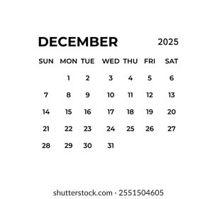 December calendar template for 2025 year. Wall calendar in a minimalist style.