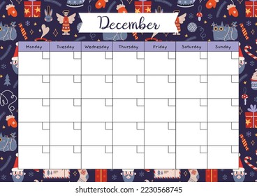 December calendar template with Christmas and New Year attributes, cartoon style. Printable A4 paper sheet, planner for bullet journal. Trendy modern vector illustration, hand drawn, flat