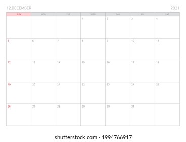 Ilustración de plantilla de calendario de diciembre en agenda, bloc de notas, planificador