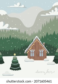 December calendar vector illustration with winter view, Christmas tree and cabin 