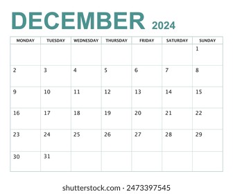 DECEMBER Calendar year 2024 with monday start