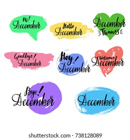 December calligraphic set with spot, heart on the background. Brush calligraphy, hand lettering. For calendar, schedule, diary, journal, postcard, label, sticker and decor.