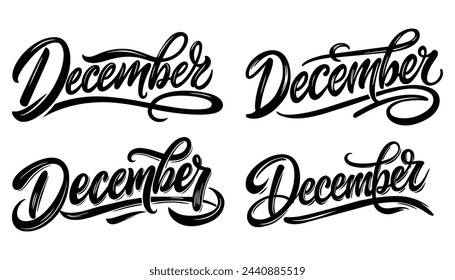 December calligraphy inscription Collection set. Phrase for count of every month. Ink illustration. Modern brush calligraphy. Isolated on white background
