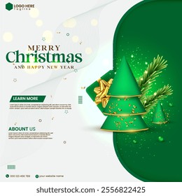 December celebration Christmas holiday poster design. Realistic banner design for Christmas and New Year. Green color Christmas and New Year celebration business social media post design vector. 