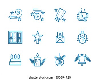 December celebration objects. Christmas decoration, winter entertainment, snowman. Set of blue simple line style vector icons. Elements of web design for business and website. 